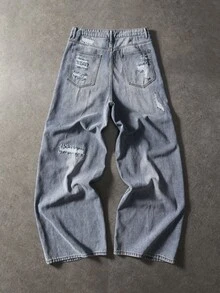 ROMWE MEN Street Life Men's Letter Print Distressed Wide Leg Denim Jeans With Pockets - Blue - View 2