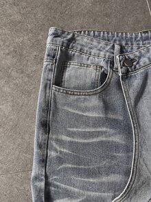 ROMWE MEN Street Life Men's Letter Print Distressed Wide Leg Denim Jeans With Pockets - Blue - View 6