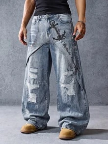 ROMWE MEN Street Life Men's Letter Print Distressed Wide Leg Denim Jeans With Pockets - Blue - View 3
