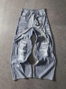 ROMWE MEN Street Life Men's Letter Print Distressed Wide Leg Denim Jeans With Pockets - Blue - View 1