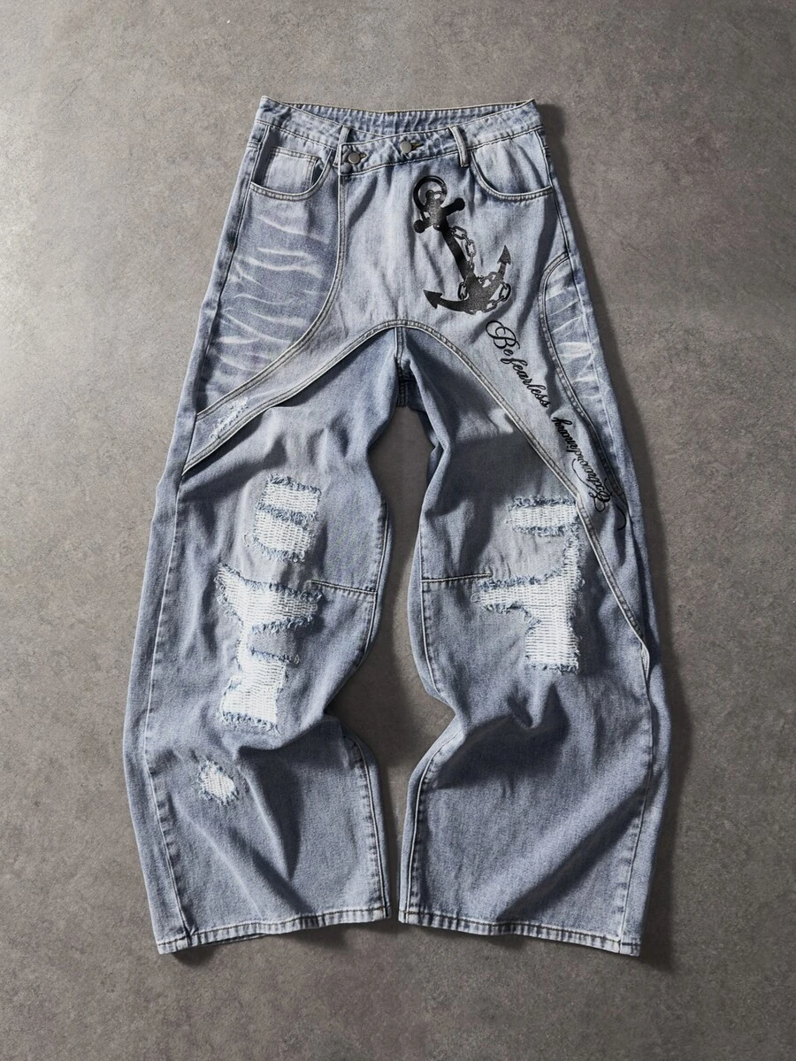 ROMWE MEN Street Life Men's Letter Print Distressed Wide Leg Denim Jeans With Pockets - Blue - View 1