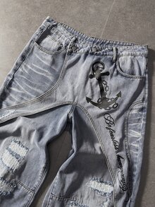 ROMWE MEN Street Life Men's Letter Print Distressed Wide Leg Denim Jeans With Pockets - Blue - View 4
