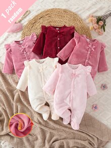 SHEIN 【1件隨機色】秋冬新生兒居家連身衣，可愛杏色/粉色/酒紅/玫瑰粉/淺粉，蝴蝶結裝飾，單面水晶絨毛，休閒簡約長袖連腳爬行衣 - 彩色 - 查看 4