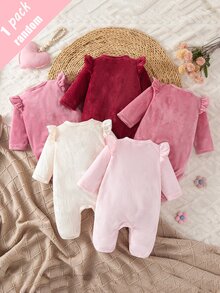SHEIN 【1件隨機色】秋冬新生兒居家連身衣，可愛杏色/粉色/酒紅/玫瑰粉/淺粉，蝴蝶結裝飾，單面水晶絨毛，休閒簡約長袖連腳爬行衣 - 彩色 - 查看 3