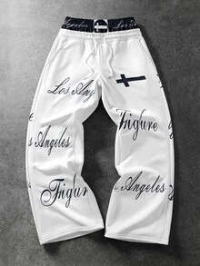 ROMWE MEN Men's Loose Streetwear Sweatpants With Floral Script Print And Cross Graphic, Elastic Waist - White - View 1