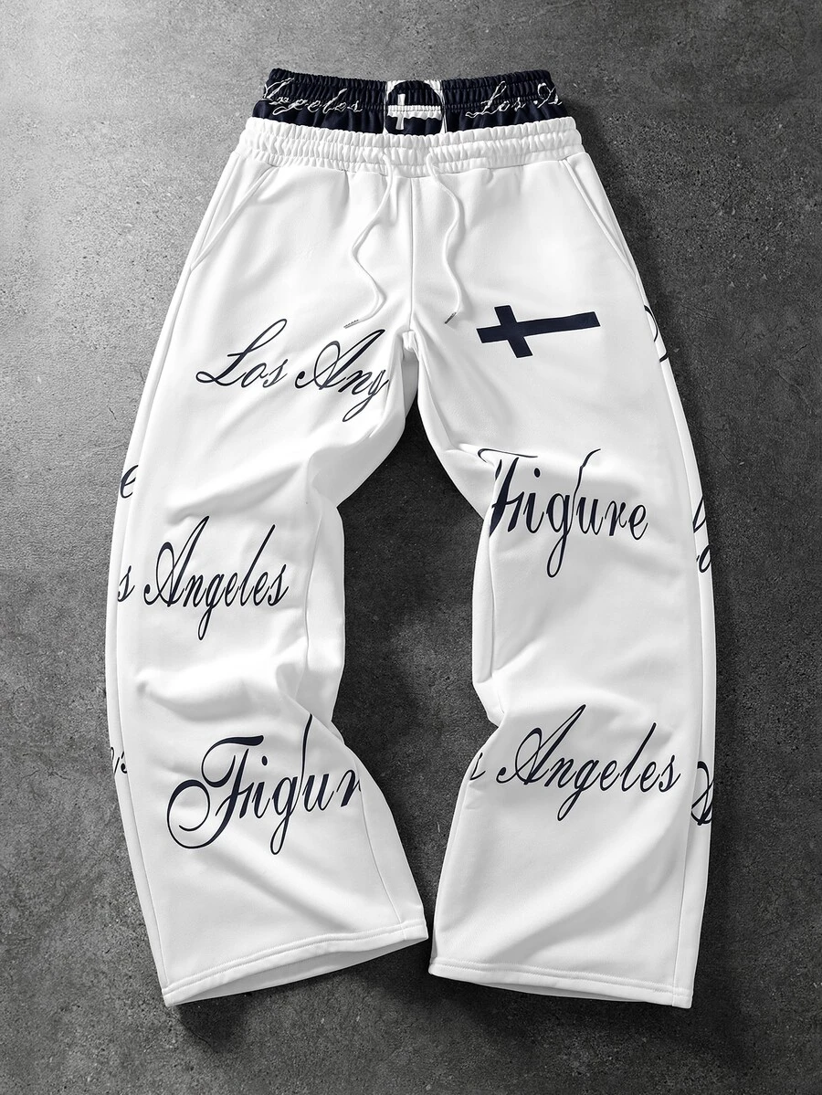 ROMWE MEN Men's Loose Streetwear Sweatpants With Floral Script Print And Cross Graphic, Elastic Waist - White - View 1