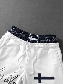 ROMWE MEN Men's Loose Streetwear Sweatpants With Floral Script Print And Cross Graphic, Elastic Waist - White - View 4