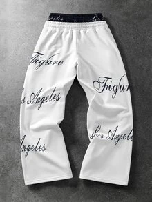 ROMWE MEN Men's Loose Streetwear Sweatpants With Floral Script Print And Cross Graphic, Elastic Waist - White - View 2