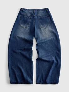 ROMWE MEN Street Life 男士重磅刺繡櫻花龍紋彎腿寬鬆牛仔長褲 - 藍色 - 查看 2
