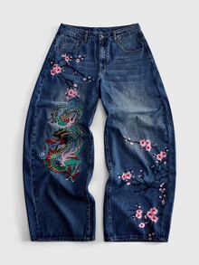 ROMWE MEN Street Life 男士重磅刺繡櫻花龍紋彎腿寬鬆牛仔長褲 - 藍色 - 查看 1