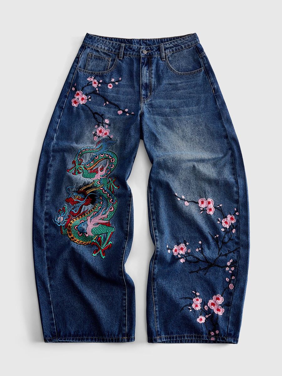 ROMWE MEN Street Life 男士重磅刺繡櫻花龍紋彎腿寬鬆牛仔長褲 - 藍色 - 查看 1