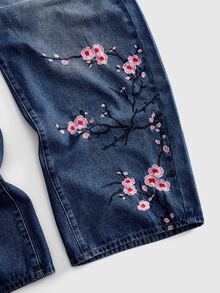 ROMWE MEN Street Life 男士重磅刺繡櫻花龍紋彎腿寬鬆牛仔長褲 - 藍色 - 查看 5