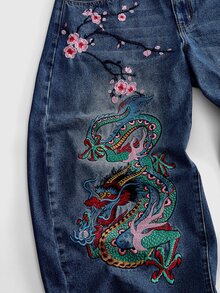 ROMWE MEN Street Life 男士重磅刺繡櫻花龍紋彎腿寬鬆牛仔長褲 - 藍色 - 查看 6