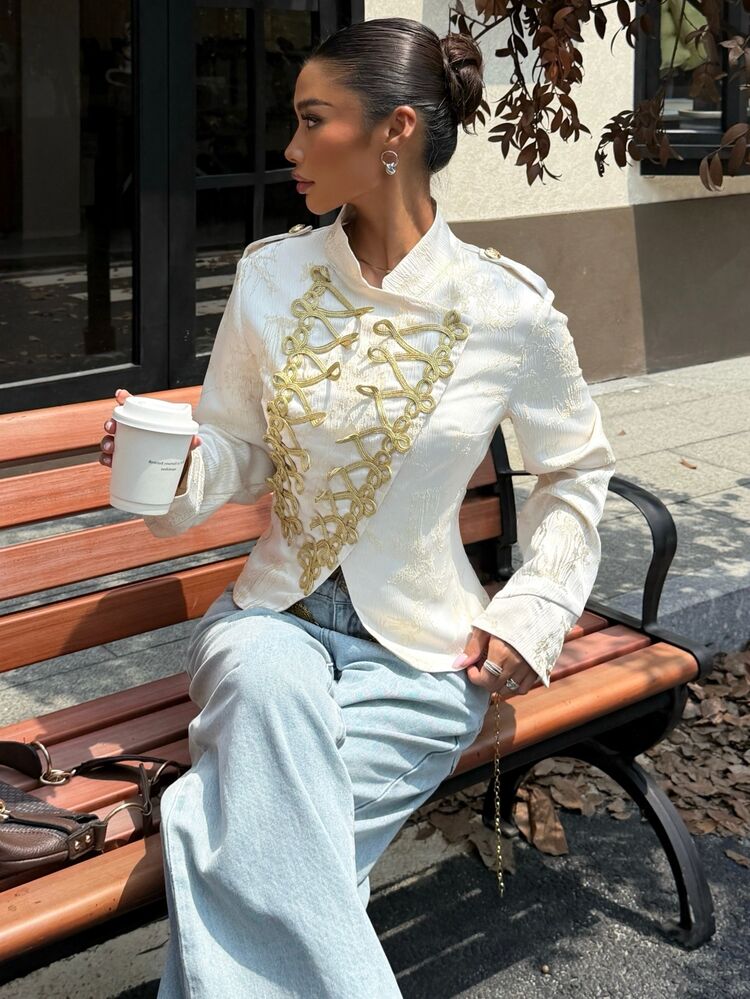 Muchica Women's Ivory Gold Jacquard Military Jacket, Elegant Napoleon Frog Button Stand Collar Blazer With Metallic Branch Pattern Chic Fall Winter Statement - Apricot - View 4