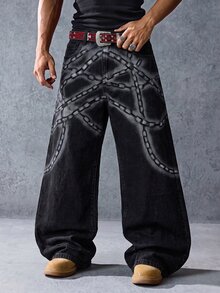 ROMWE MEN Street Life Men's Dark Iron Chain Floral Pattern Washed Street Loose Fit Jeans - Black - View 3