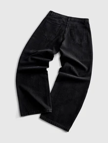 ROMWE MEN Street Life Men's Dark Iron Chain Floral Pattern Washed Street Loose Fit Jeans - Black - View 2