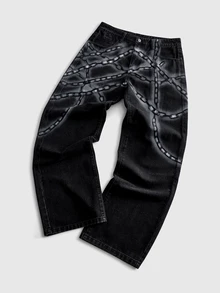 ROMWE MEN Street Life Men's Dark Iron Chain Floral Pattern Washed Street Loose Fit Jeans - Black - View 1