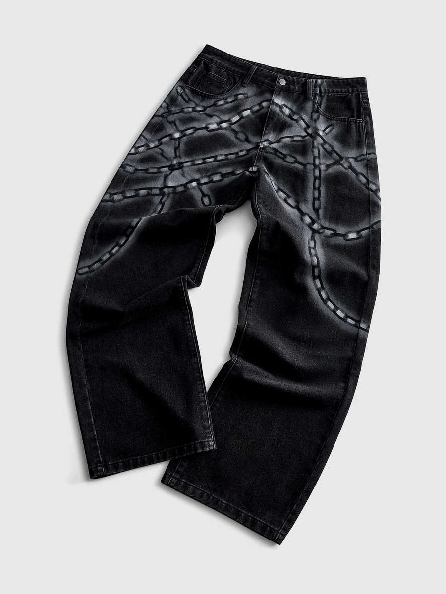ROMWE MEN Street Life Men's Dark Iron Chain Floral Pattern Washed Street Loose Fit Jeans - Black - View 1