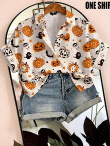 EMERY ROSE Plus Size Halloween Print Short Sleeve Shirt - Multicolor - View 1