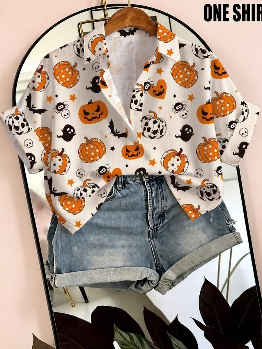 EMERY ROSE Plus Size Halloween Print Short Sleeve Shirt - Multicolor - View 1