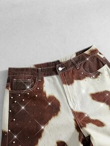 ROMWE MEN Fashion Burnout Heavy Beaded Casual Versatile Men's Denim Jeans - Brown - View 3