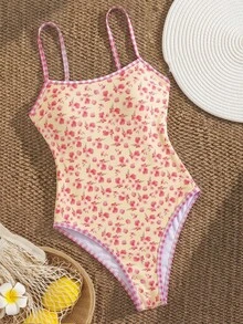 SHEIN Swim 春夏新款跨境歐美風性感一件式泳衣，高衩丁字褲比基尼，黃色底色碎花撞色紅白格紋飾邊，鋼圈托高掛脖連身泳裝，可愛甜美春假海灘派對泳衣女款 - 彩色 - 查看 3