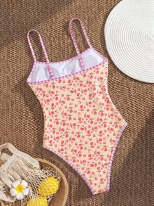 SHEIN Swim 春夏新款跨境歐美風性感一件式泳衣，高衩丁字褲比基尼，黃色底色碎花撞色紅白格紋飾邊，鋼圈托高掛脖連身泳裝，可愛甜美春假海灘派對泳衣女款 - 彩色 - 查看 2