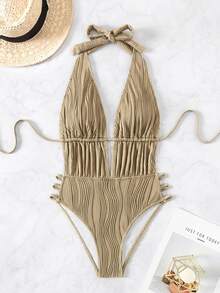 SHEIN Swim 女款紋理時尚掛脖綁帶性感熱帶風一件式泳衣，沙灘派對度假適用，卡其色/卡其綠，夏季款 - 卡其色 - 查看 3