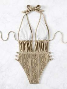 SHEIN Swim 女款紋理時尚掛脖綁帶性感熱帶風一件式泳衣，沙灘派對度假適用，卡其色/卡其綠，夏季款 - 卡其色 - 查看 4