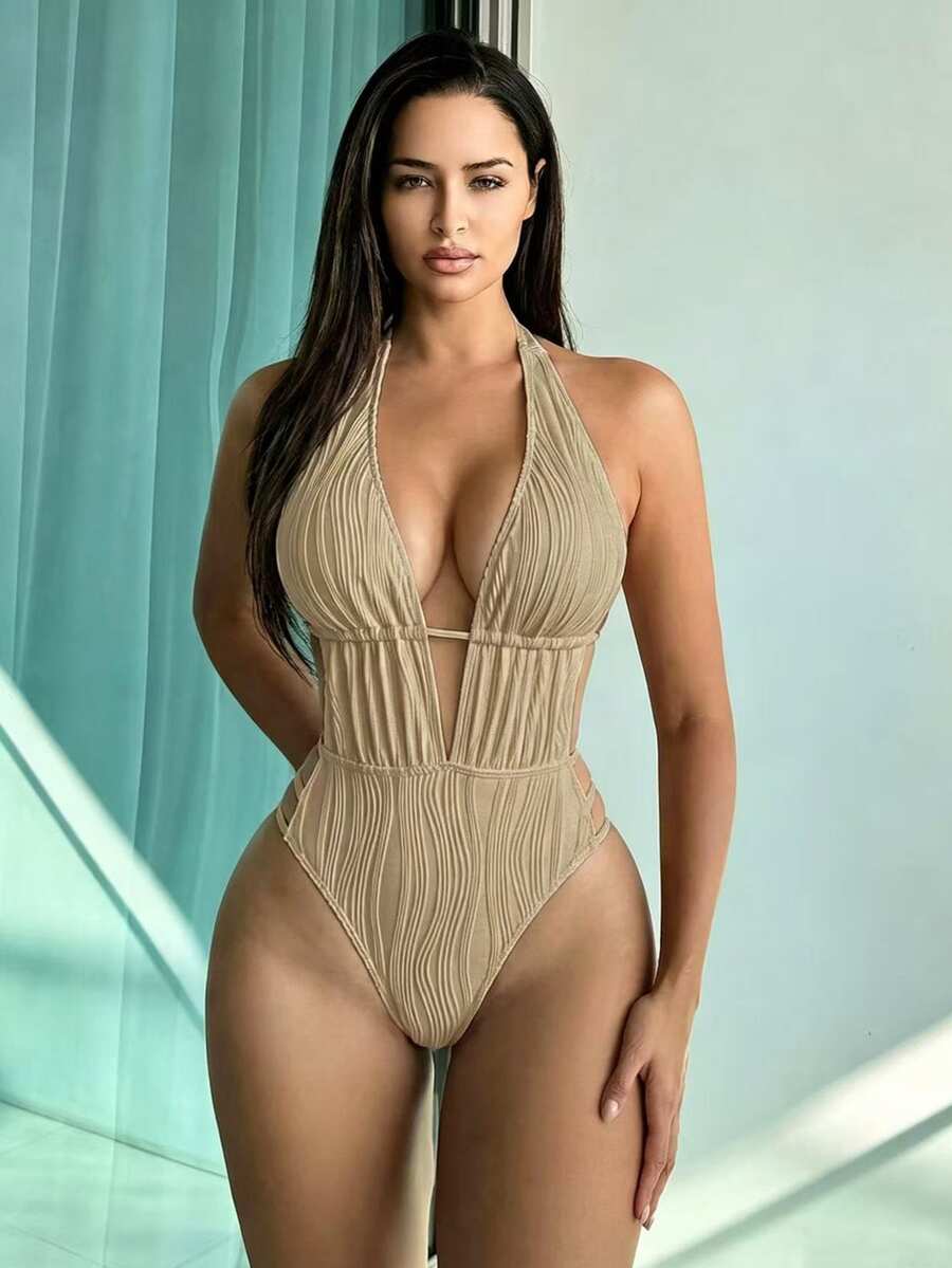SHEIN Swim 女款紋理時尚掛脖綁帶性感熱帶風一件式泳衣，沙灘派對度假適用，卡其色/卡其綠，夏季款 - 卡其色 - 查看 1