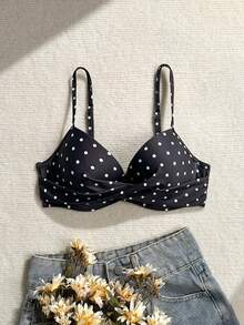SHEIN Swim 女士夏季沙滩波点印花性感比基尼上衣 - 黑色 - 查看 4