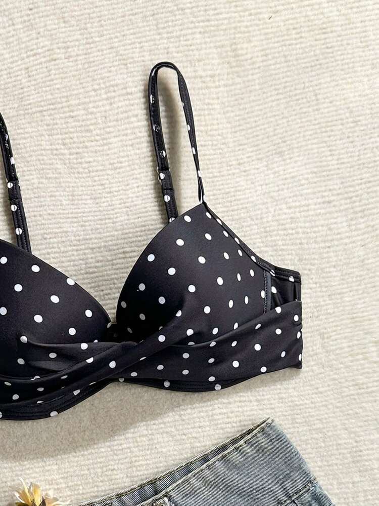 SHEIN Swim 女士夏季沙滩波点印花性感比基尼上衣 - 黑色 - 查看 6