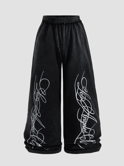 Street Life Men's Cotton Washed Patchwork English Print Loose Sports Pants, Dark Gray, Autumn, Street Style, Print Design Contrast Color Wide Leg Fashion Casual Sweatpants
