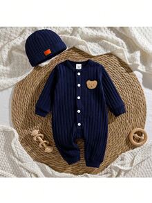 SHEIN Newborn Baby Cartoon Pattern Casual Daily One-Piece Long Pants - Royal Blue - View 5