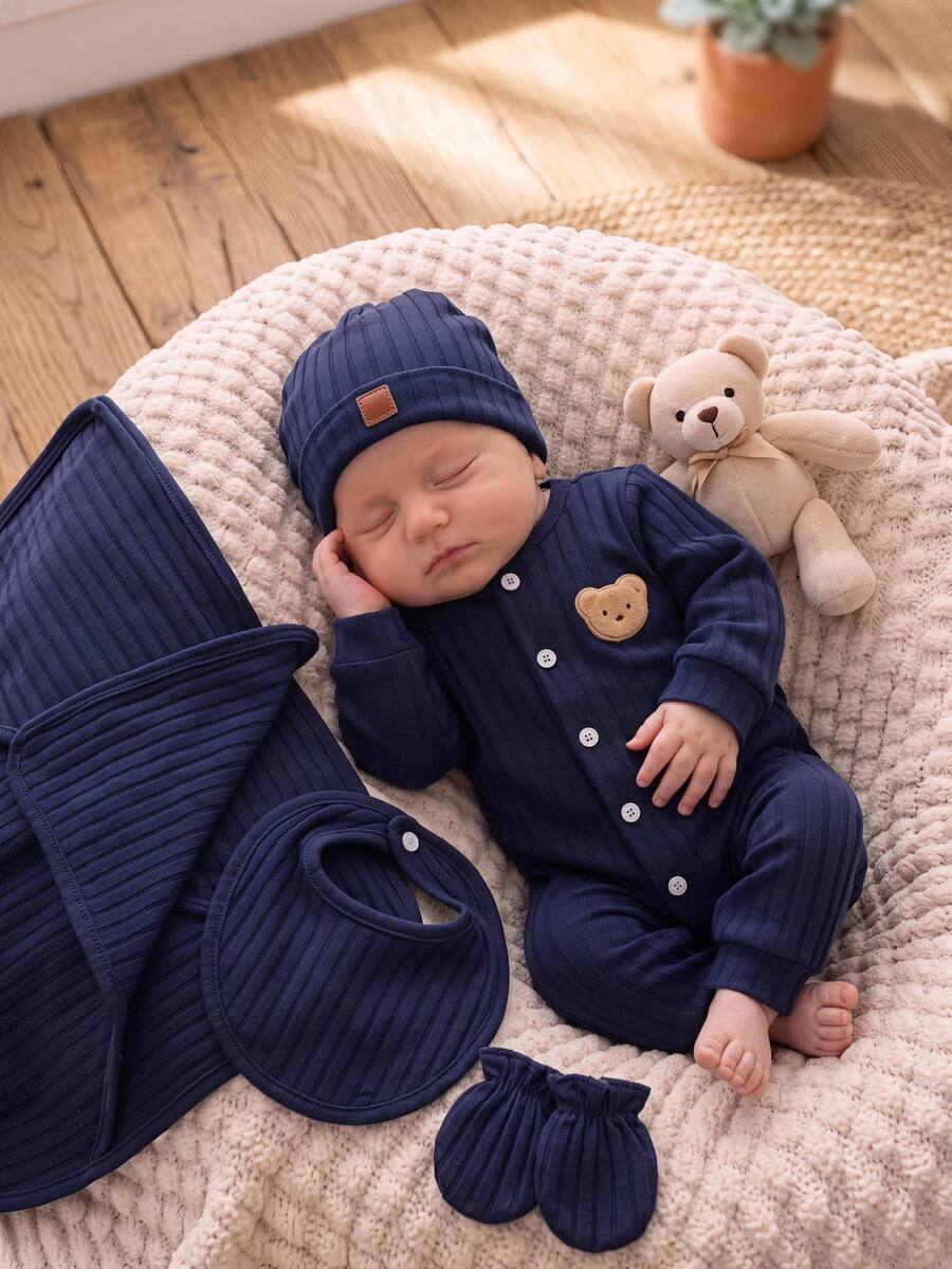 SHEIN Newborn Baby Cartoon Pattern Casual Daily One-Piece Long Pants - Royal Blue - View 1