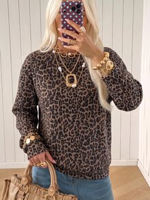 SHEIN EZwear 女款時尚百搭學院風復古豹紋長袖圓領運動衫，適合返校季、教師畢業、秋季休閒學院風早午餐及其他場合 - 彩色 - 查看 4
