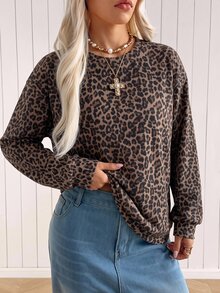 SHEIN EZwear 女款時尚百搭學院風復古豹紋長袖圓領運動衫，適合返校季、教師畢業、秋季休閒學院風早午餐及其他場合 - 彩色 - 查看 5