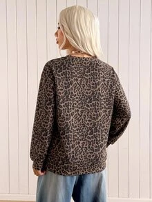 SHEIN EZwear 女款時尚百搭學院風復古豹紋長袖圓領運動衫，適合返校季、教師畢業、秋季休閒學院風早午餐及其他場合 - 彩色 - 查看 2