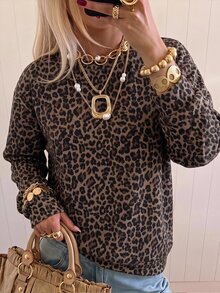 SHEIN EZwear 女款時尚百搭學院風復古豹紋長袖圓領運動衫，適合返校季、教師畢業、秋季休閒學院風早午餐及其他場合 - 彩色 - 查看 3
