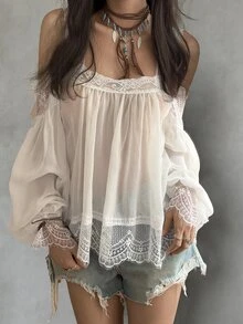 Livesso Blus Jala Bahu Terbuka Motif Renda Putih Lengan Panjang untuk Wanita, Cocok untuk Liburan - Krem - View 1