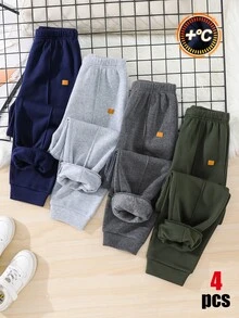 SHEIN 4件組買2送2兒童青少年男孩休閒大學風極簡實用百搭運動長褲多件套裝，男孩套裝，適合春/夏/秋季、情人節、約會 - 彩色 - 查看 3