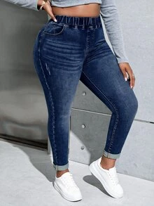 SHEIN ICON Plus Casual High Waist Skinny Jeans - Dark Wash - View 1
