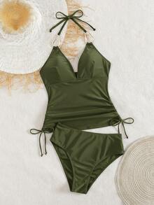 Swim Chiccia Women's Black Metal Jewelry V-Neck Wrinkle Drawstring Fashionable And Elegant Ladies Tankini, Suitable For Beach Music Festival Spring/Summer - Army Green - View 4