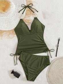 Swim Chiccia Women's Black Metal Jewelry V-Neck Wrinkle Drawstring Fashionable And Elegant Ladies Tankini, Suitable For Beach Music Festival Spring/Summer - Army Green - View 6