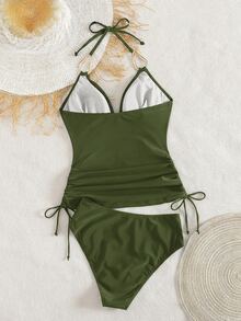 Swim Chiccia Women's Black Metal Jewelry V-Neck Wrinkle Drawstring Fashionable And Elegant Ladies Tankini, Suitable For Beach Music Festival Spring/Summer - Army Green - View 2