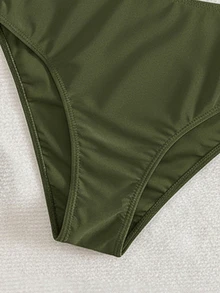 Swim Chiccia Women's Black Metal Jewelry V-Neck Wrinkle Drawstring Fashionable And Elegant Ladies Tankini, Suitable For Beach Music Festival Spring/Summer - Army Green - View 3