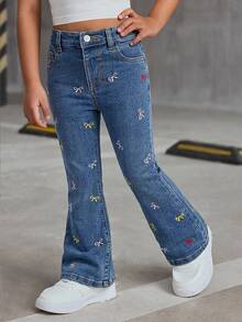 Young Girl Girls' Colorful Bow Embroidery Pattern Dark Blue Denim Stretch Skinny Flare Pants - Blue - View 8