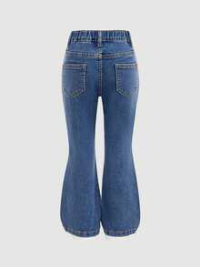 Young Girl Girls' Colorful Bow Embroidery Pattern Dark Blue Denim Stretch Skinny Flare Pants - Blue - View 2