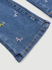 Young Girl Girls' Colorful Bow Embroidery Pattern Dark Blue Denim Stretch Skinny Flare Pants - Blue - View 6