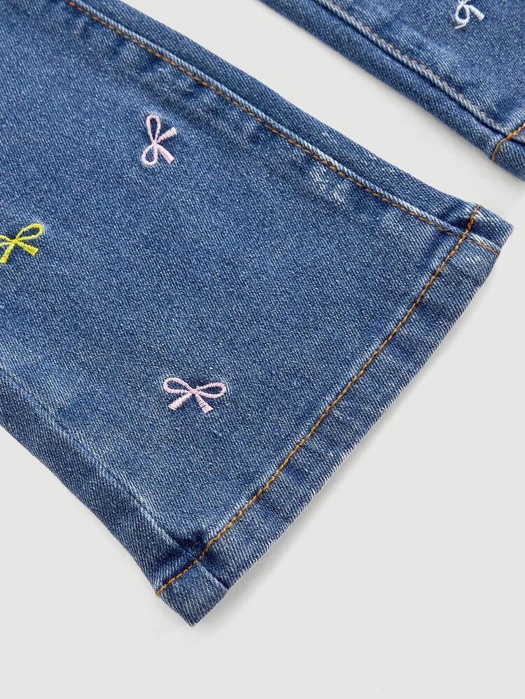 Young Girl Girls' Colorful Bow Embroidery Pattern Dark Blue Denim Stretch Skinny Flare Pants - Blue - View 6